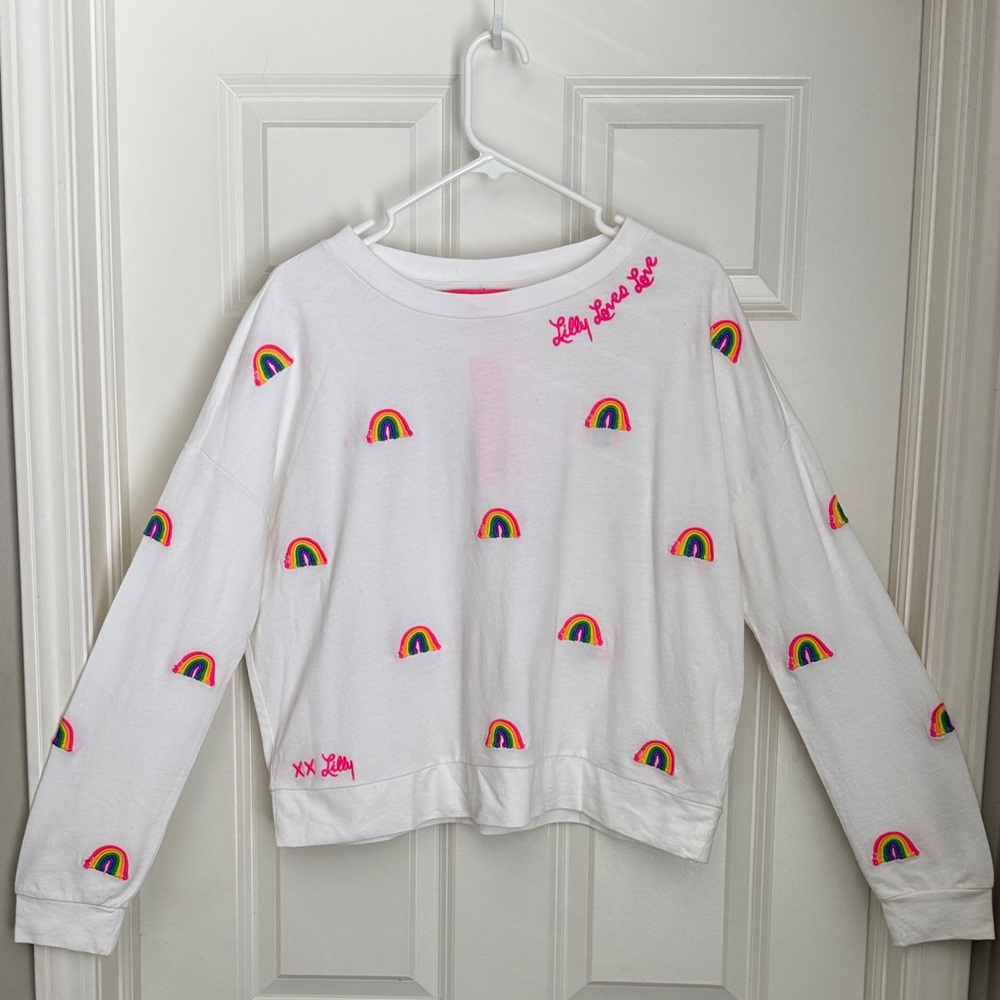 Lilly Pulitzer Women’s light-weight White Sweatshirt with Rainbow Accents
